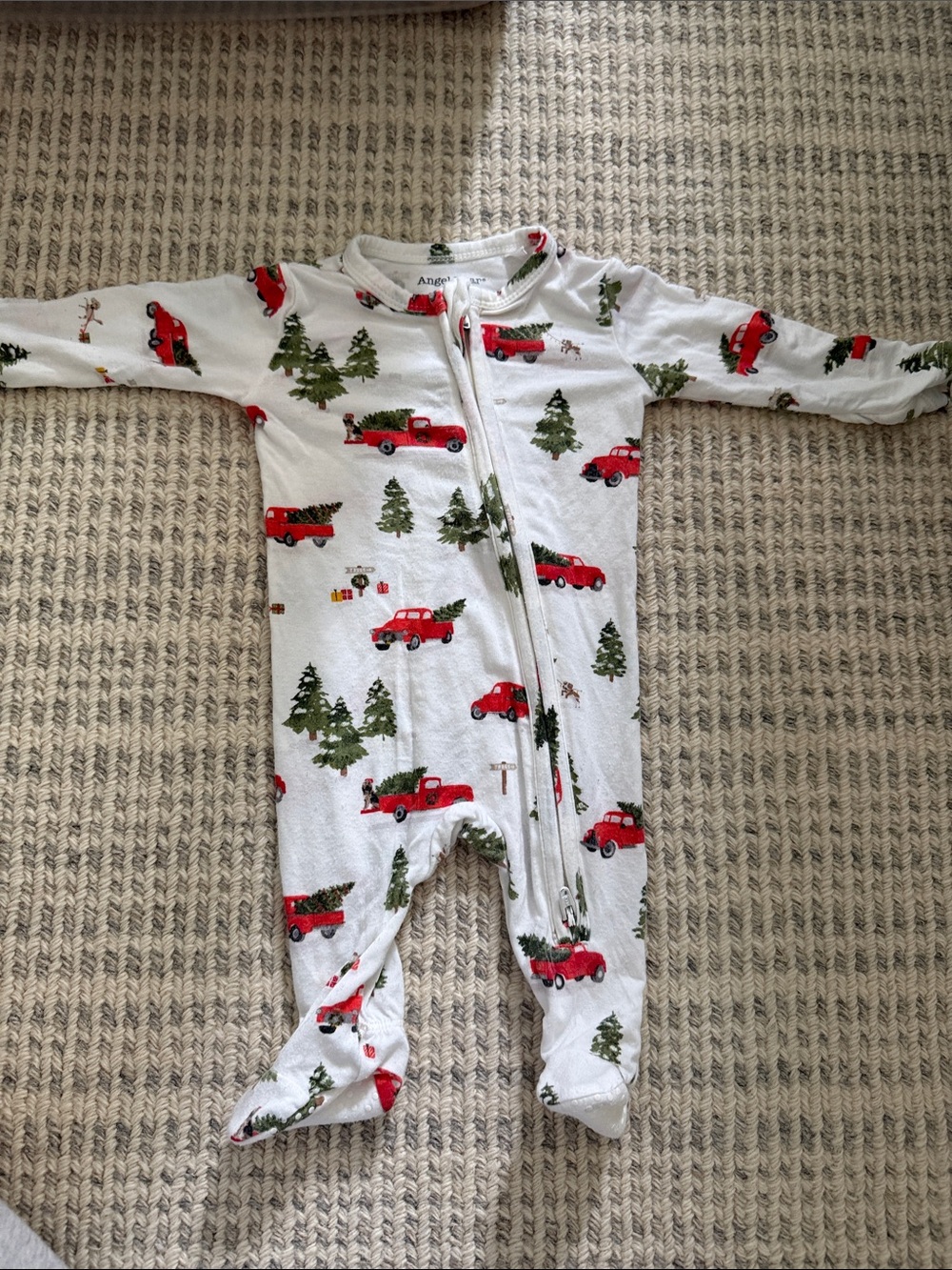 Angel Dear Newborn White Footed One-Piece with Red Truck and Green Tree Print